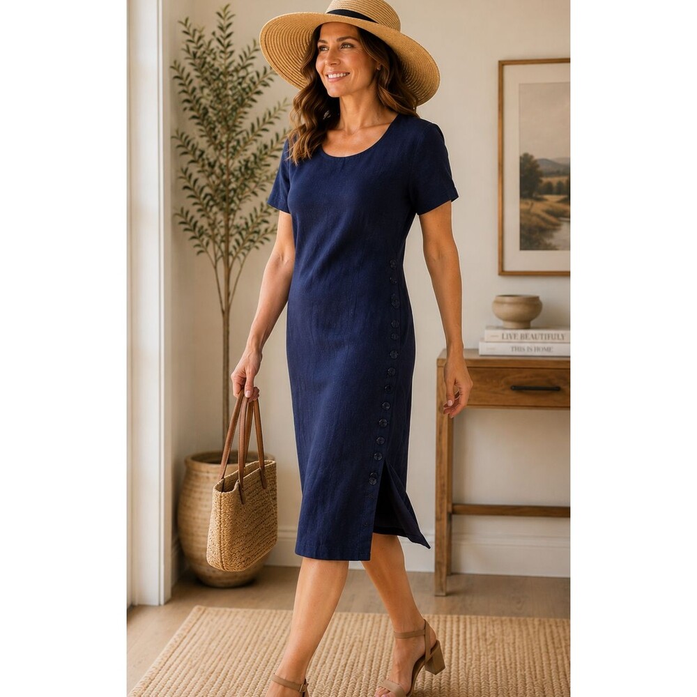 Taurus II Womens Petite 12P Navy Linen Blend Dress Side Button Detail